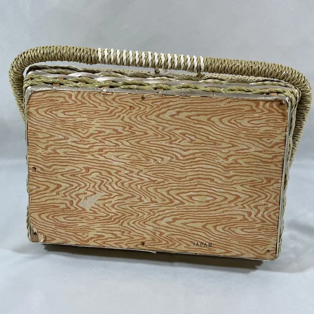 Vintage Woven Straw Wicker Sewing Basket Box Handle Satin Lining Rectangle